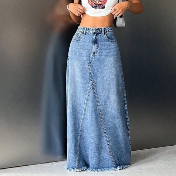 Boho blue denim high waisted maxi skirt - Picture 1 of 7